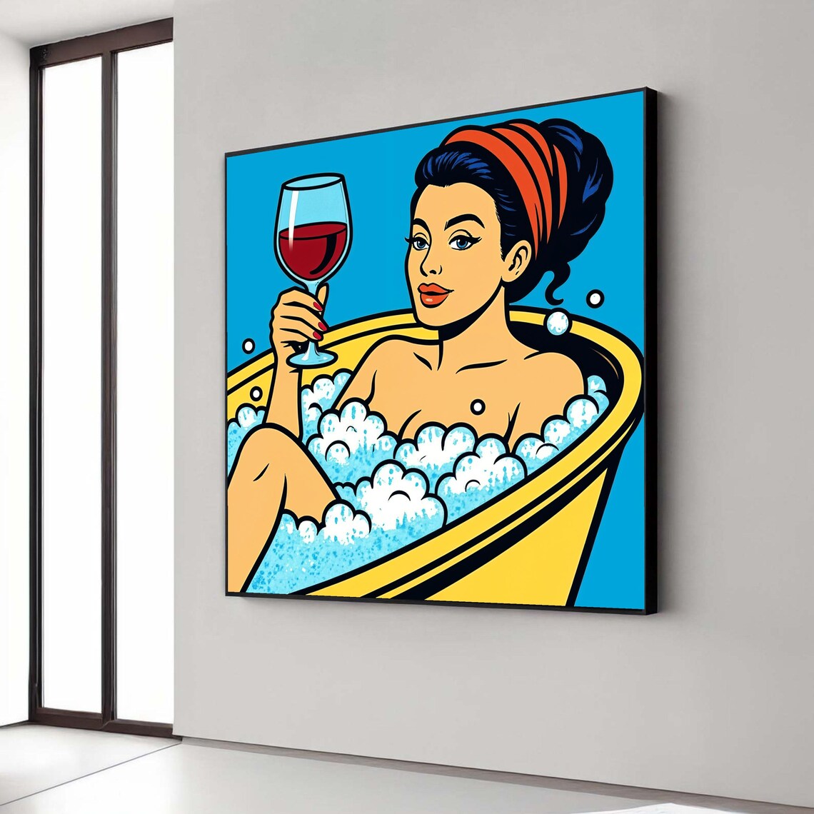 Retro Pop Art Woman Bright Bubble Bath Wine Glass Bathroom Poster