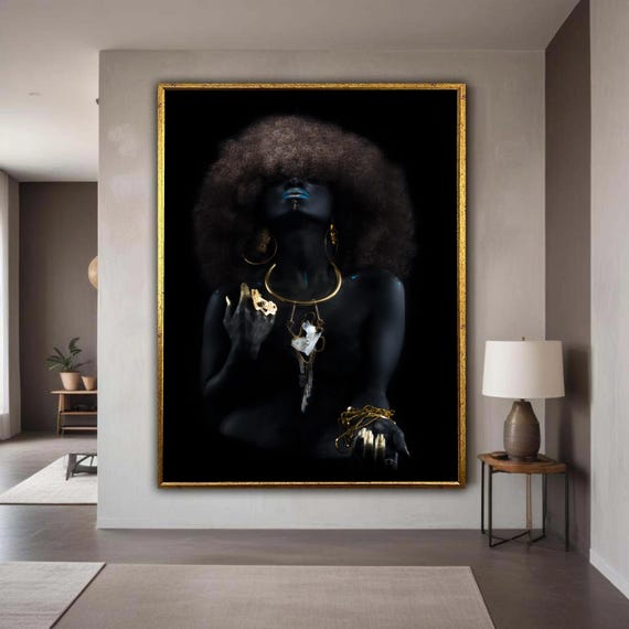 Afro Elegance Portrait Canvas Black Body Art With Gold Jewelry Abstract Fashion Wall Modern Glamour Home Decor Gift