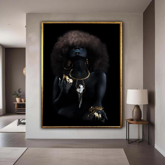Bold Afro Woman Portrait Black and Gold Elegant Beauty Wall Art