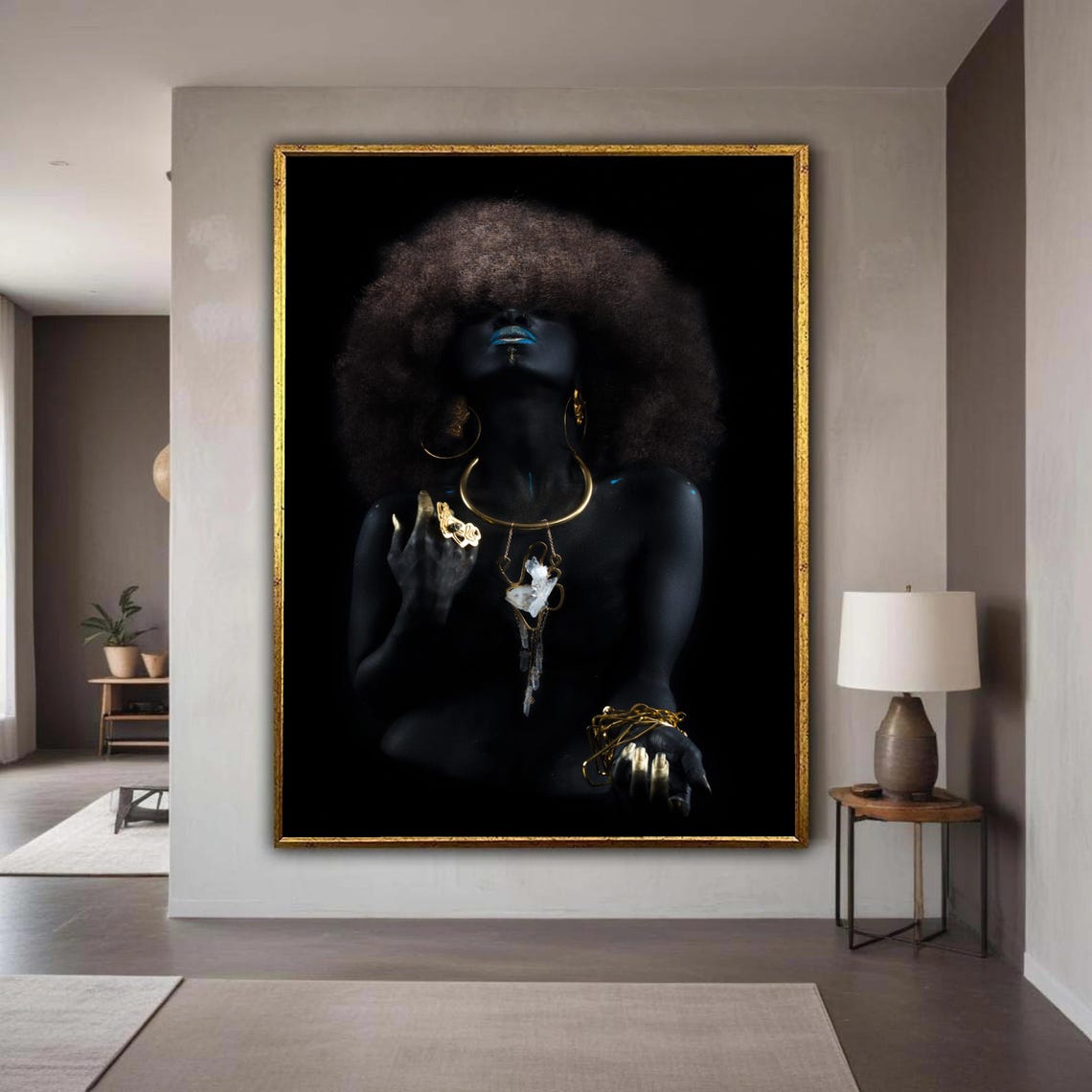 Bold Afro Woman Portrait Black and Gold Elegant Beauty Wall Art