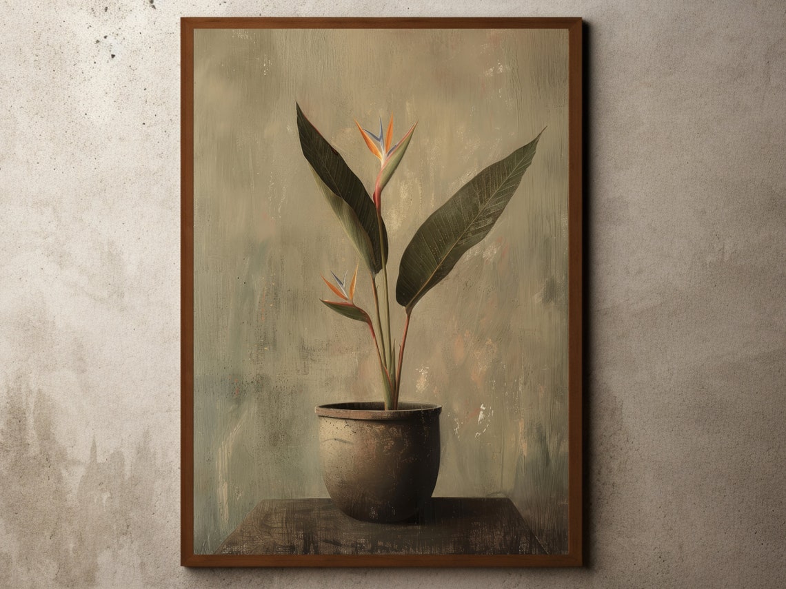 Vintage Bird Of Paradise Plant Painting Rustic Farmhouse Print Flowers Still Life Botanical Oil Antique Flower Floral