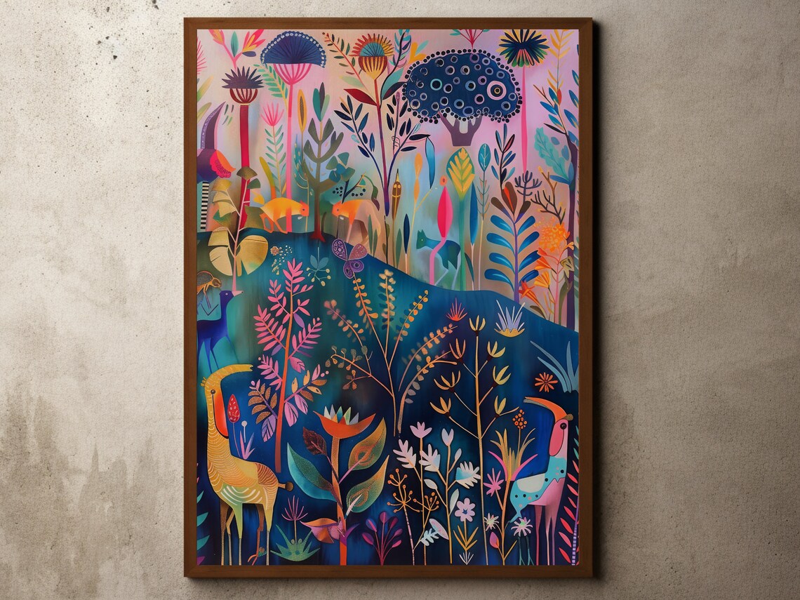 Whimsical Colorful Jungle Night Scene With Hornbill Birds Poster