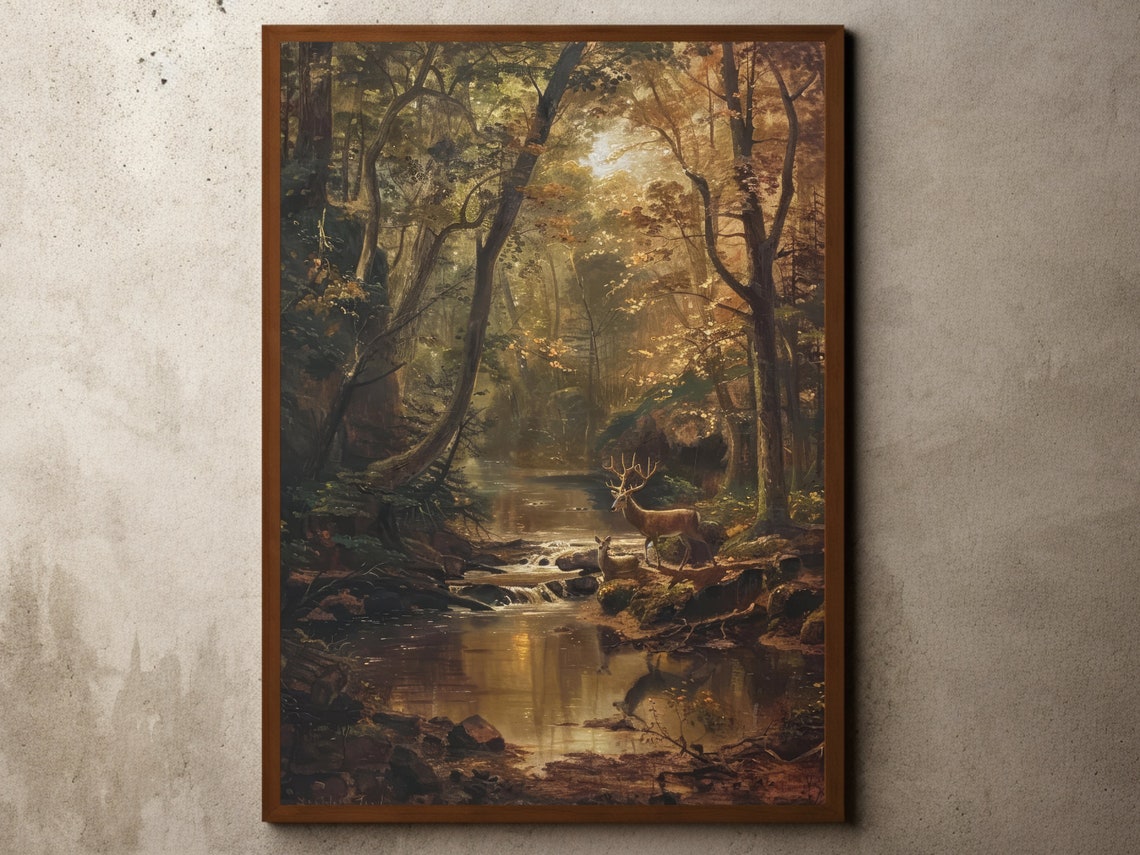 Autumn Forest Oil Painting Poster with Stag by a Woodland Stream