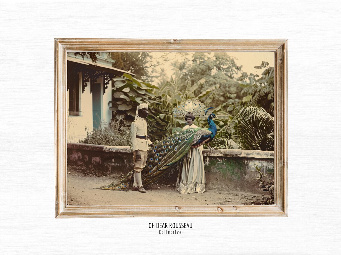 Colonial-Era Couple With Peacock In Vintage Jungle Photo Print