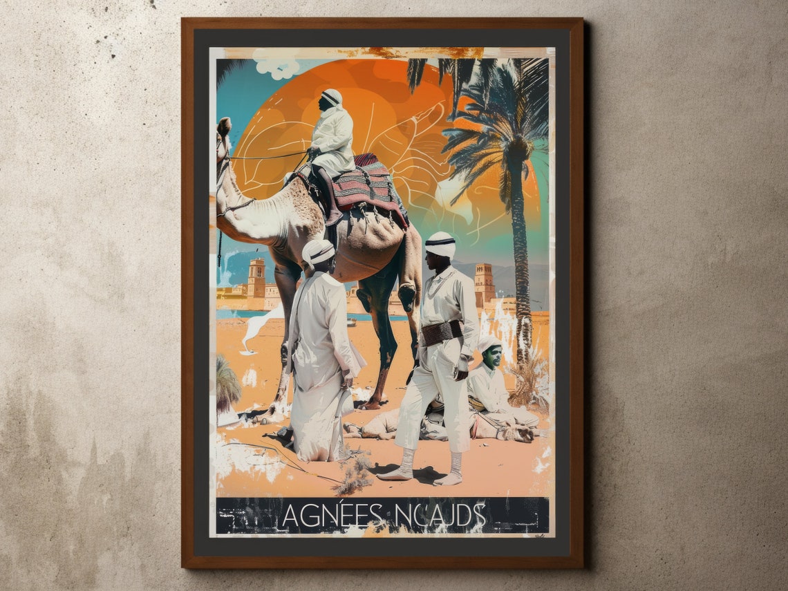 Vintage Sahara Desert Caravan Travel Poster with Camel Expedition Art