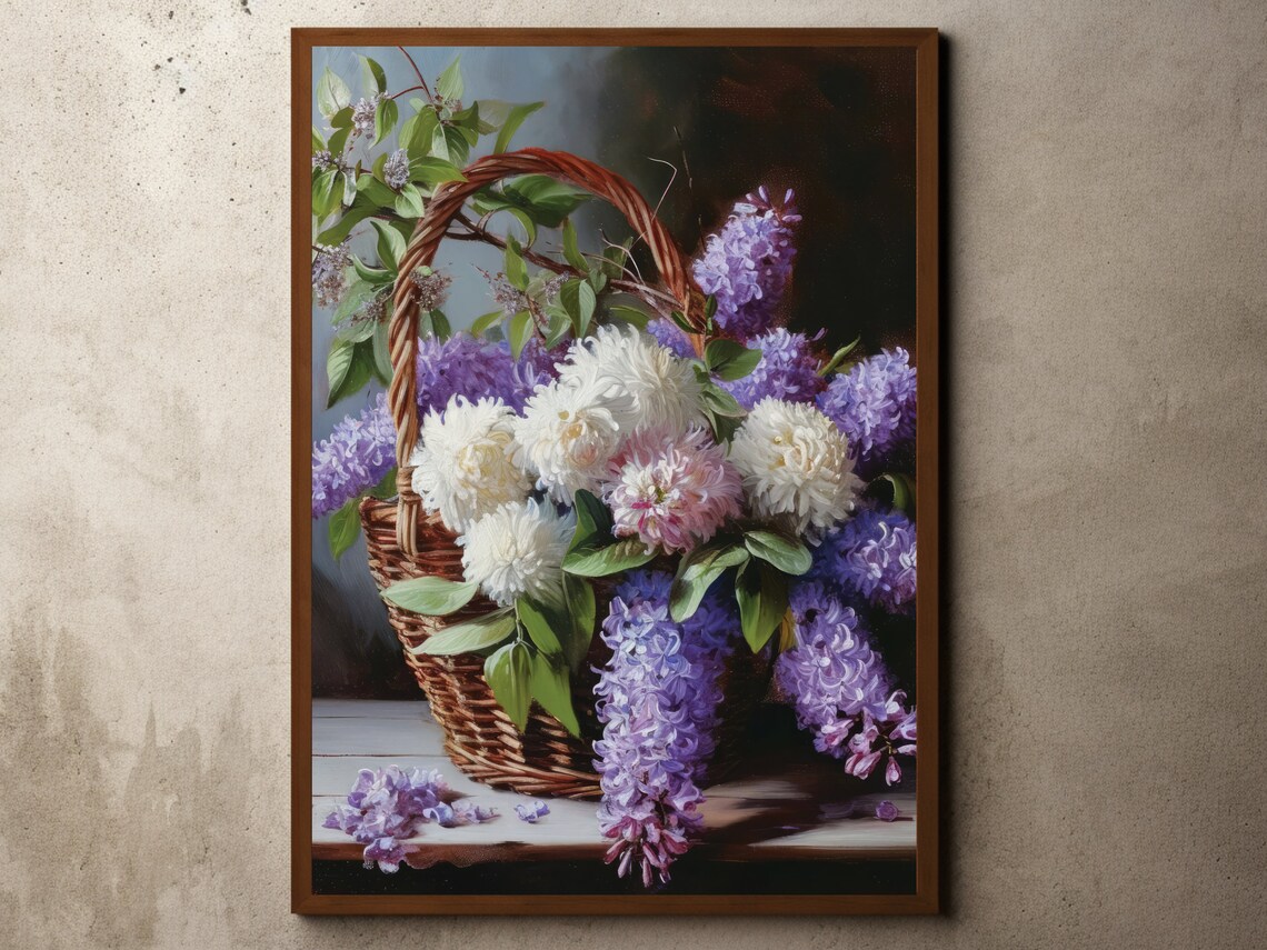 Vintage Lilac And Peony Basket Floral Still Life Oil Art Poster