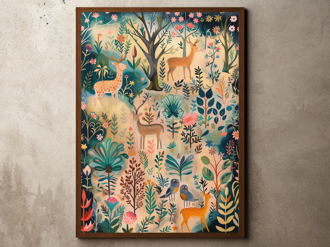 Woodland Deer Among Wildflowers Botanical Illustration Poster