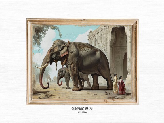 Vintage Antique Colonial Drawing Jungle Elephant Print Wall Art Heritage Travel British Style Elephants Tropical Decor