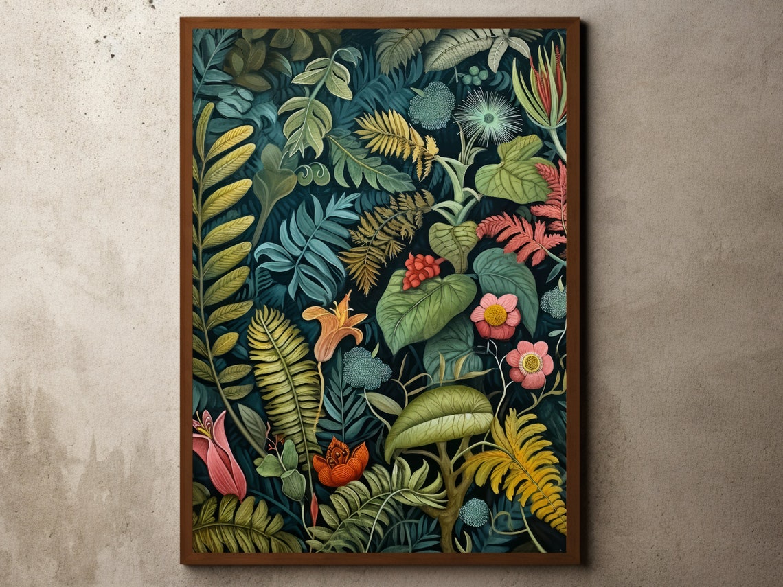 Tropical Leaves and Flowers on Dark Teal Botanical Pattern Poster