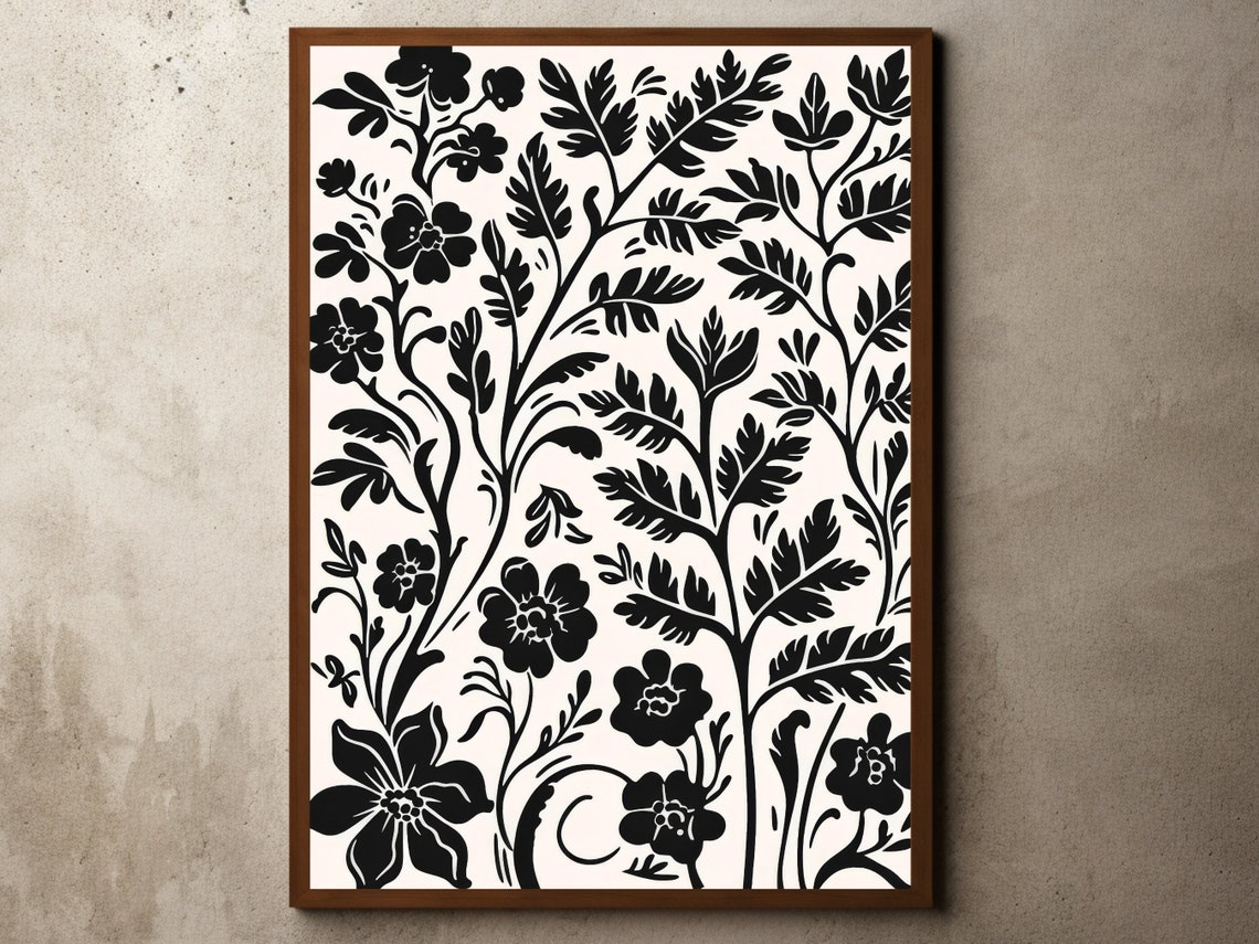 Black and White Floral Silhouette Vintage Textile Pattern Wall Poster