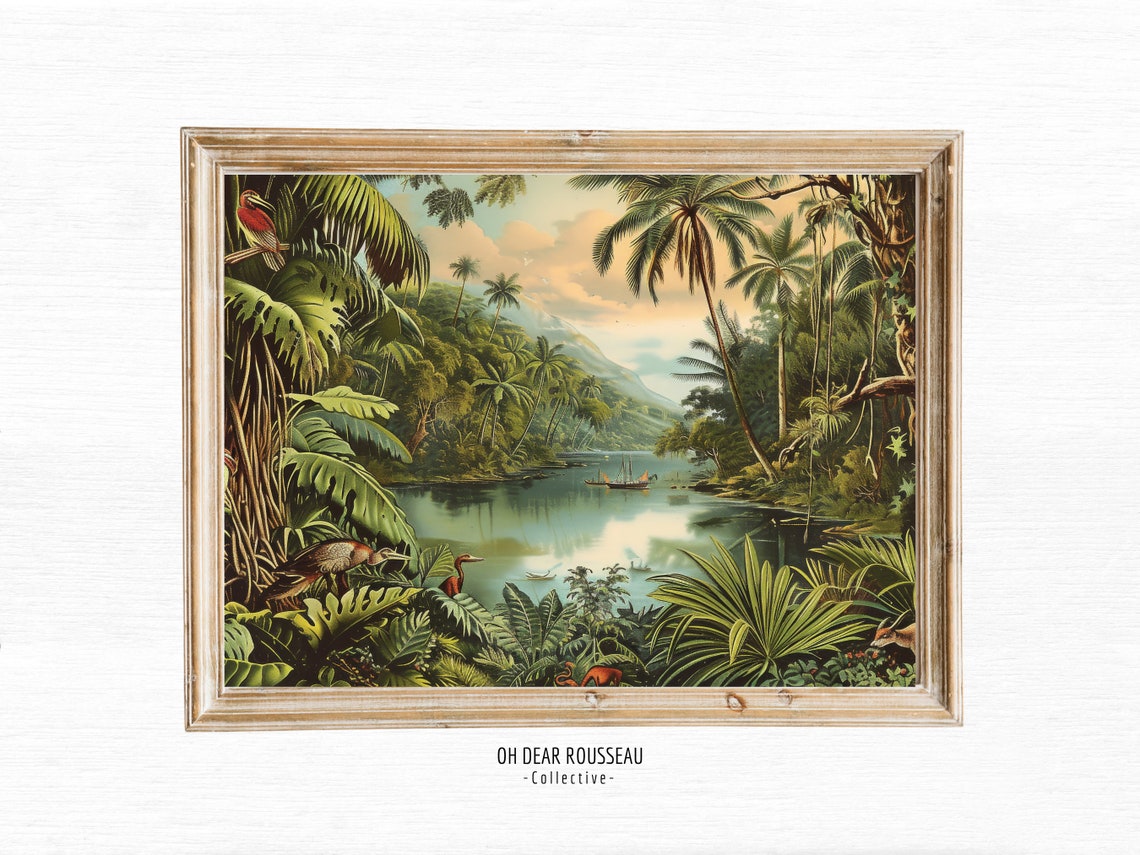 Tropical River Jungle Scene With Boats Birds and Palm Trees Poster