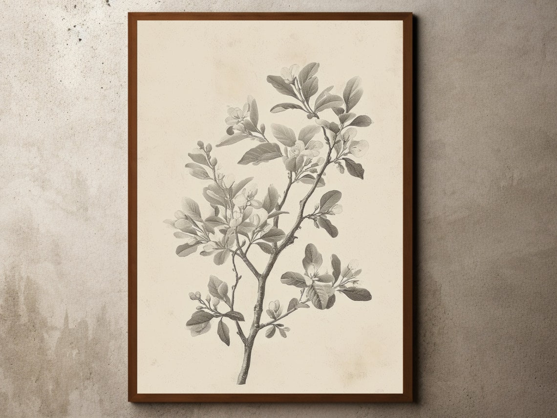 Vintage Gray Botanical Branch Sketch Antique Floral Etching Wall Art