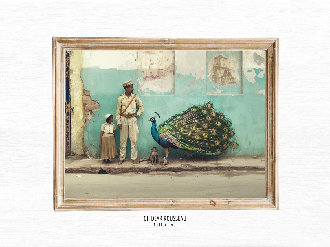 Man And Woman With Peacock In Vintage Tropical Courtyard Photo Print