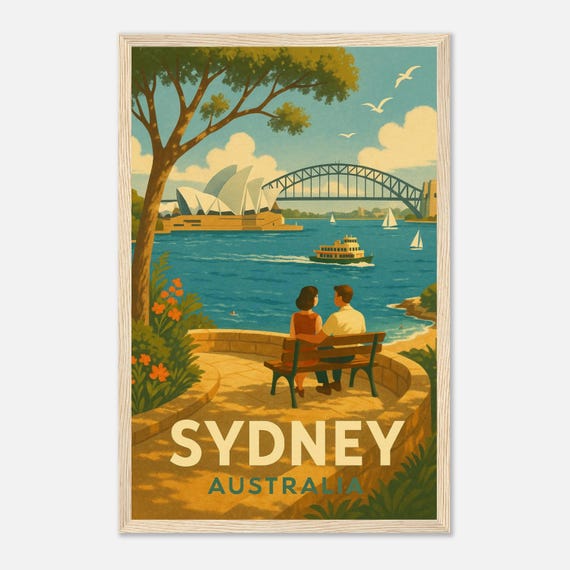 Sydney Australia Vintage Travel Poster Wall Art Opera House Harbour Illustration Retro Cityscape Print Gift