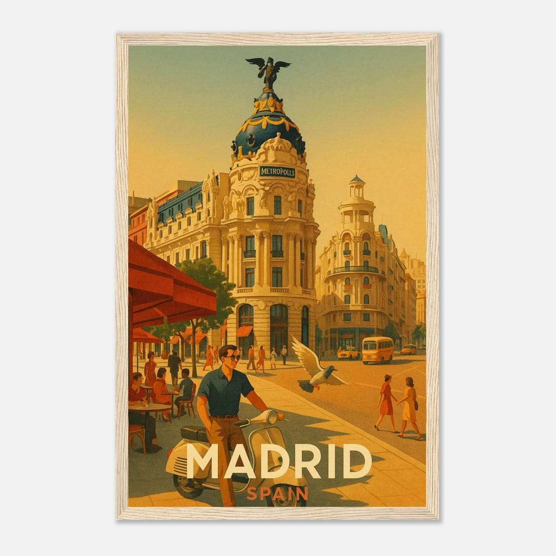Madrid Metropolis Building Gran Via Scooter Vintage Travel Poster