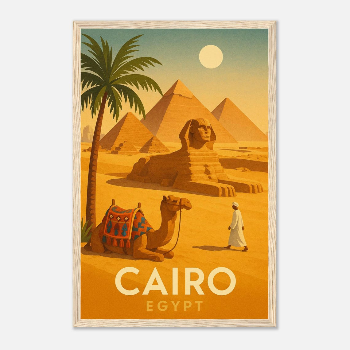Cairo Egypt Vintage Travel Poster Pyramids And Sphinx Wall Art Desert Camel Illustration North Africa Decor