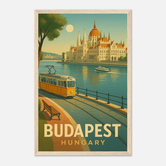 Budapest Travel Poster Hungary Wall Art Print Vintage Tram Parliament Building Illustration City Decor