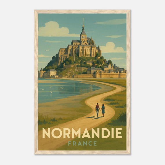 Normandy Travel Poster Mont Saintmichel Wall Art France Vintage Print Coastal Landscape Illustration For Home Decor