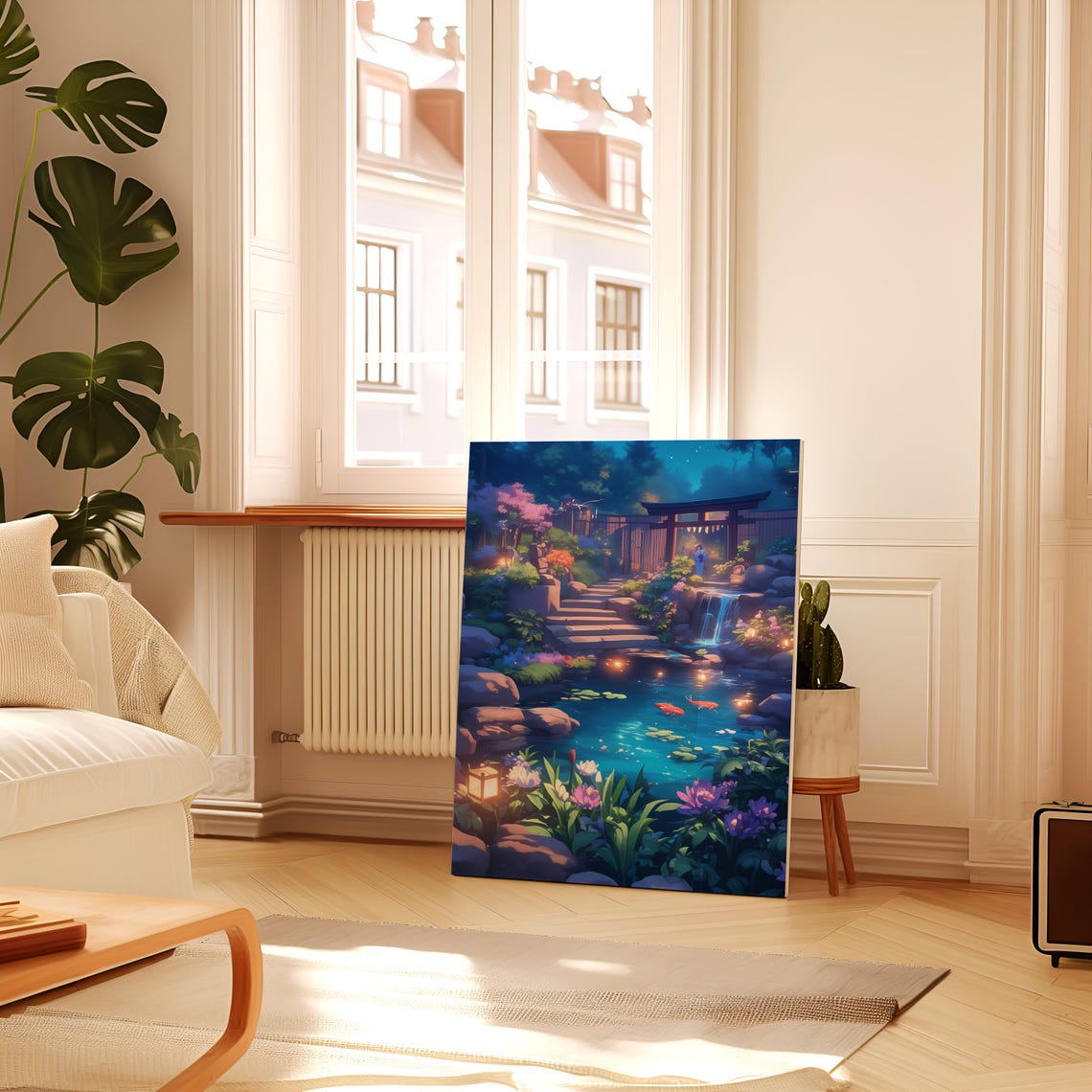 Serene Scenic Anime Japanese Koi Pond Garden at Twilight Poster - Image 3