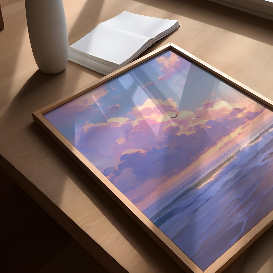 Pastel Beach Sunset Pink Clouds Serene Ocean Waves Shore Poster - Image 3