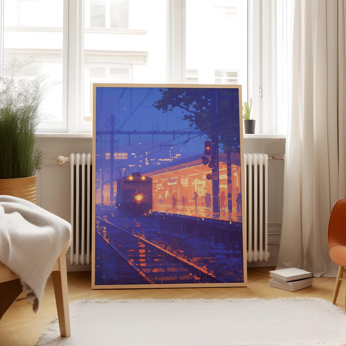 Rainy Night Train Station With Arriving Train Anime Scene Poster - Image 4