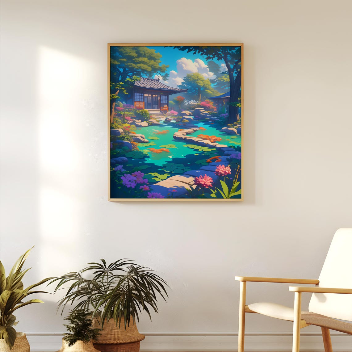 Japanese Garden Koi Pond With Temple Hall Anime Scene Poster - Image 2