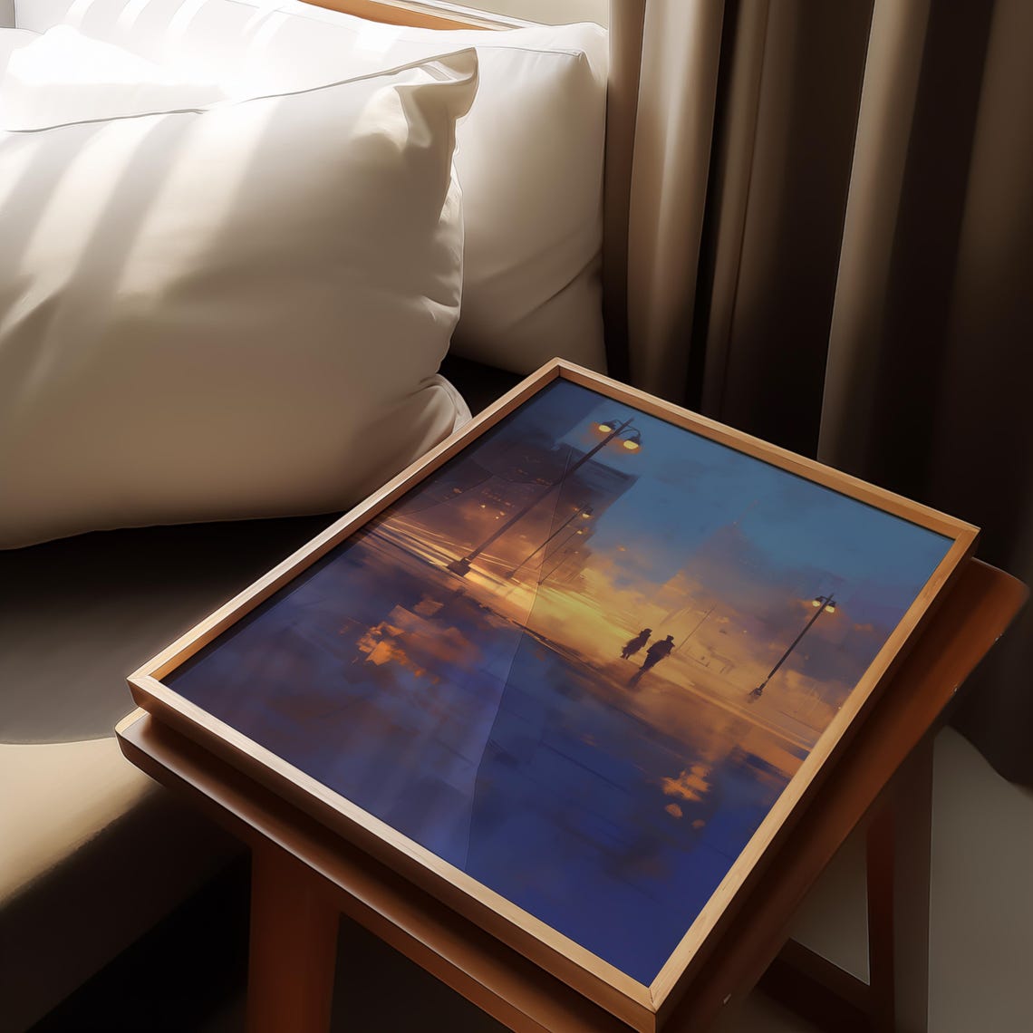 Romantic Couple Silhouette Golden Dusk Foggy Evening Street Poster - Image 3