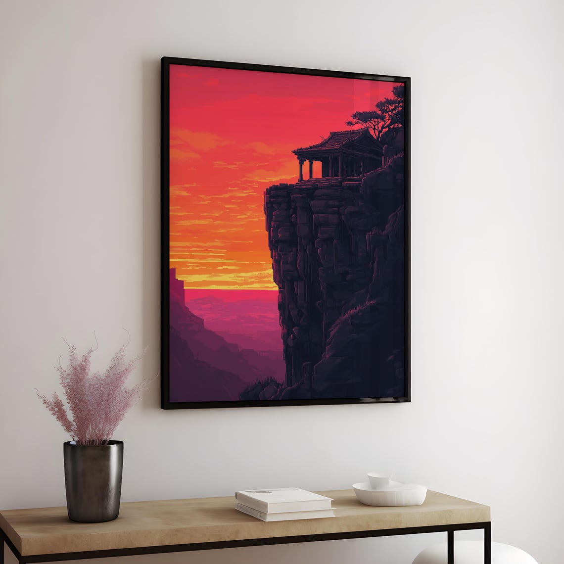 Pixel Art Ancient Temple Cliff Silhouette Fiery Sunset Fantasy Poster - Image 4