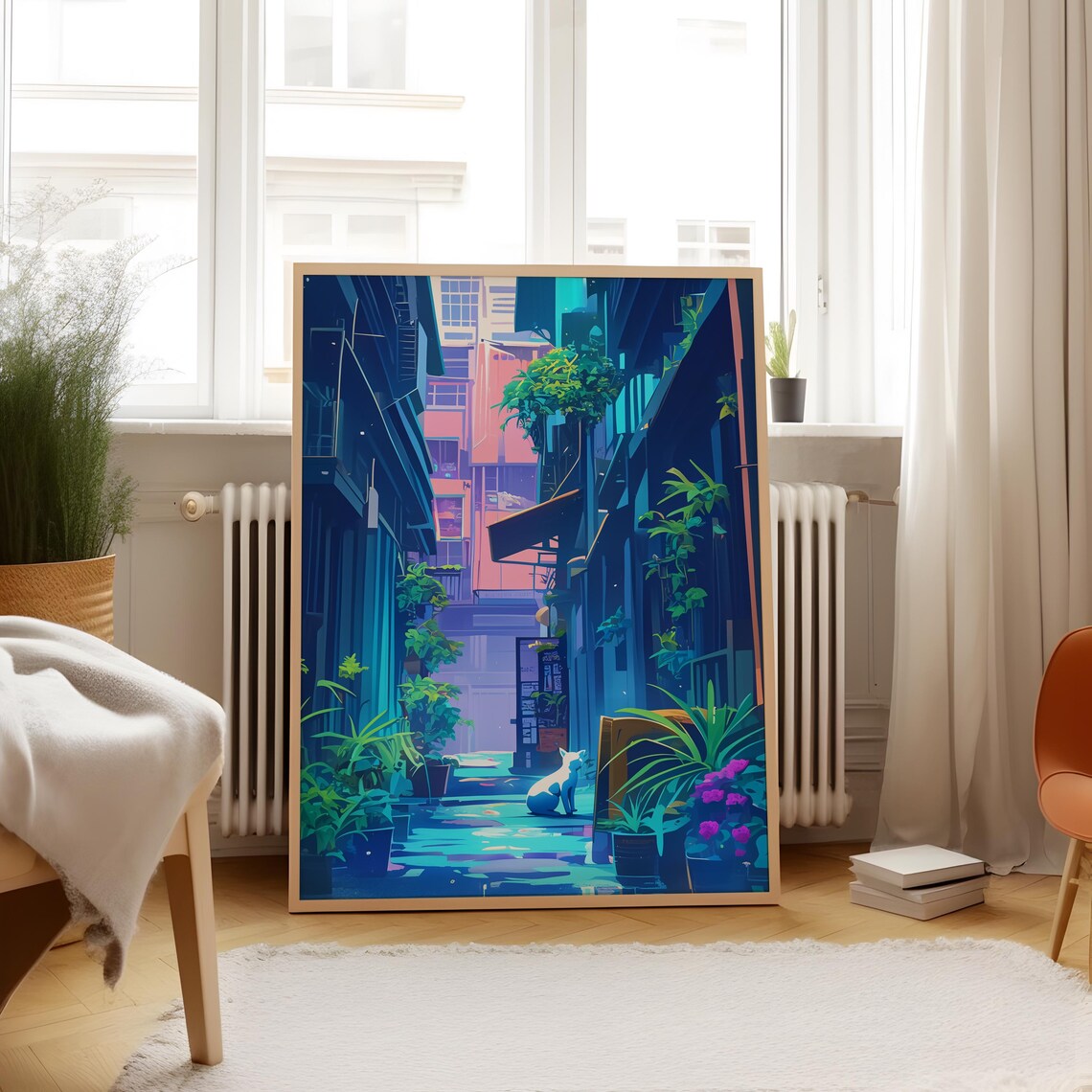 Quiet Anime Alley White Cat Neon Plants Tranquil Cityscape Poster - Image 4