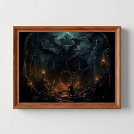 Demonic Gothic Library Dark Fantasy Horror Interior Art Poster