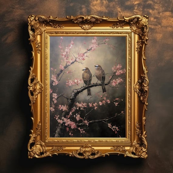 Birds Perched Spring Wall Art Cherry Blossoms Landscape Moody Vintage Painting