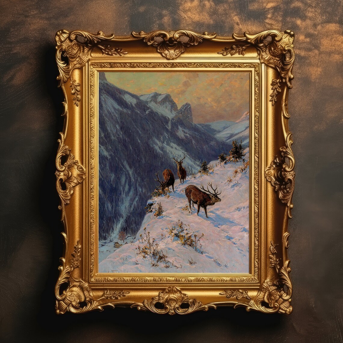 Deer in Snowy Winter Mountains Vintage Oil Painting Wall Art