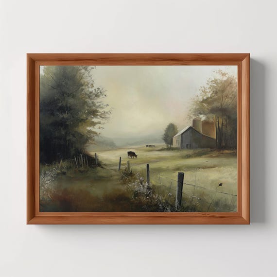 Rustic Farm Landscape Art Print Vintage Country Decor Farmhouse Wall Moody Pastoral Scene Countryside Painting