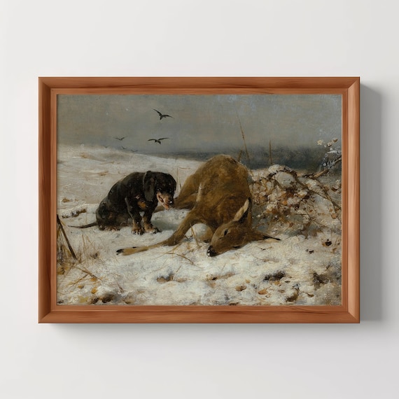 Hound And Fallen Deer In Snowy Winter Moody Vintage Oil Painting Poster