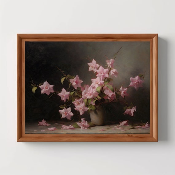 Pale Pink Flowers Vintage Still Life Botanical Painting Floral Wall Art Moody Home Decor Classical