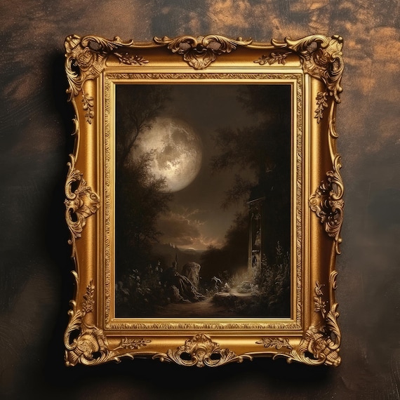 Moonlit Forest Scene Vintage Dark Academia Art Print