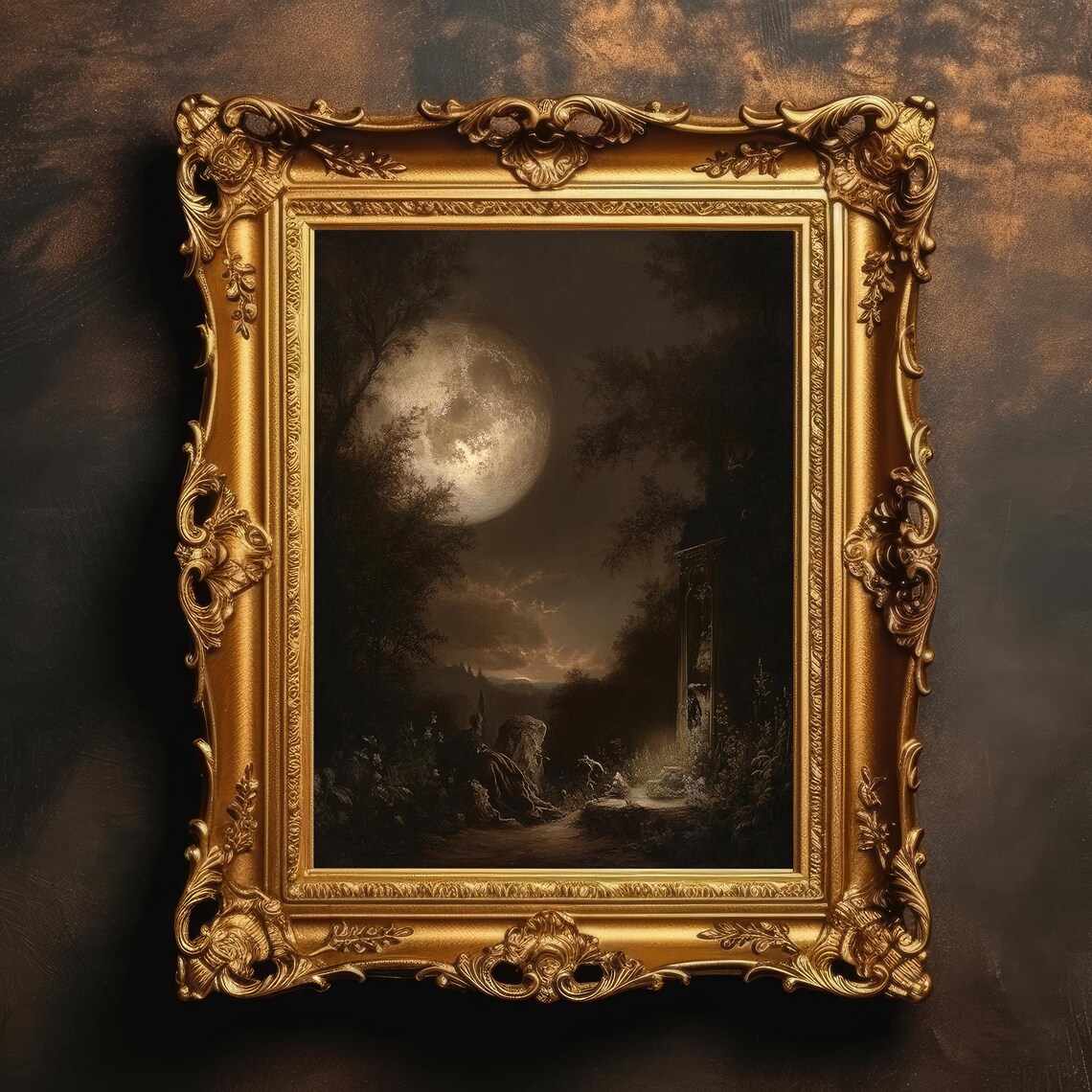 Moonlit Forest Scene Vintage Dark Academia Art Print