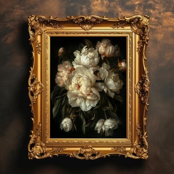 Dark Baroque Peony Art Print, Moody Botanical Decor