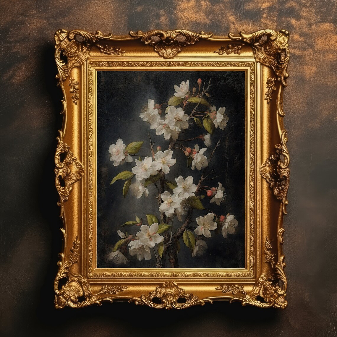 White Cherry Blossoms Dark Moody Vintage Floral Oil Painting Poster