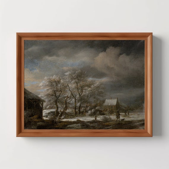 Winter Landscape With Snowcovered Trees Dark Academia Vintage Antique Oil Painting Rustic Cabin Wall Art