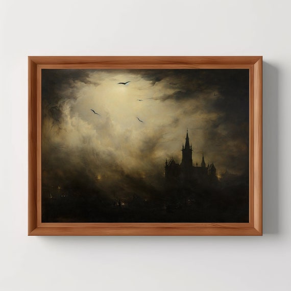 Gothic Sky Cathedral Vintage Antique Oil Painting Goth Wall Art Night Decor Macabre Design
