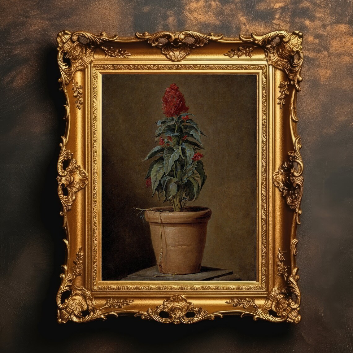 Red Flower Potted Plant Dark Botanical Vintage Still Life Oil Poster