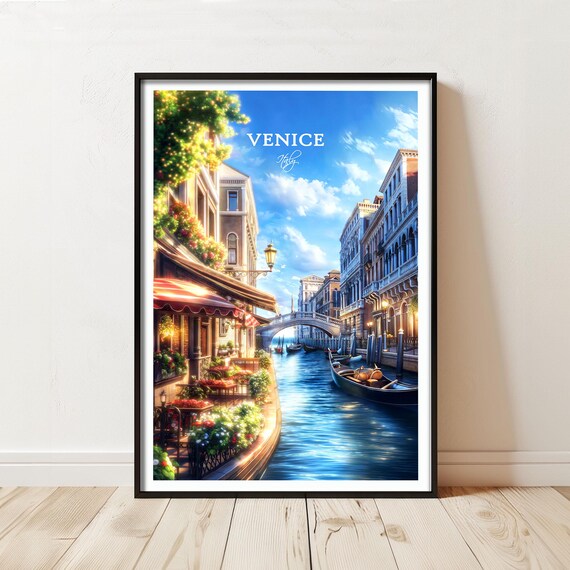 Sunny Venice Italy Canal Bridge Gondola Vintage Travel Poster