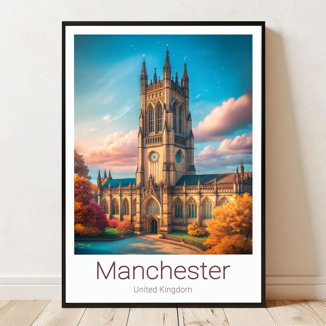 Manchester United Kingdom Cathedral Sunset Autumn Gothic Travel Poster