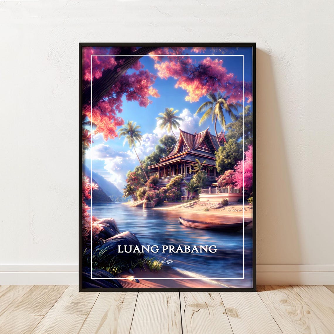 Luang Prabang Laos Riverside Villa Pink Blossoms Retro Travel Poster