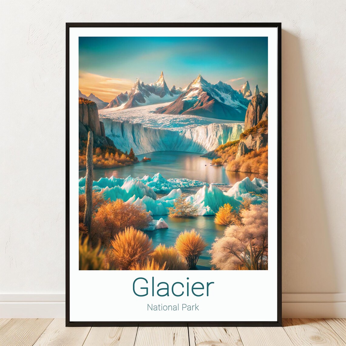 Glacier National Park Icebergs Turquoise Lake Peaks Landscape Poster