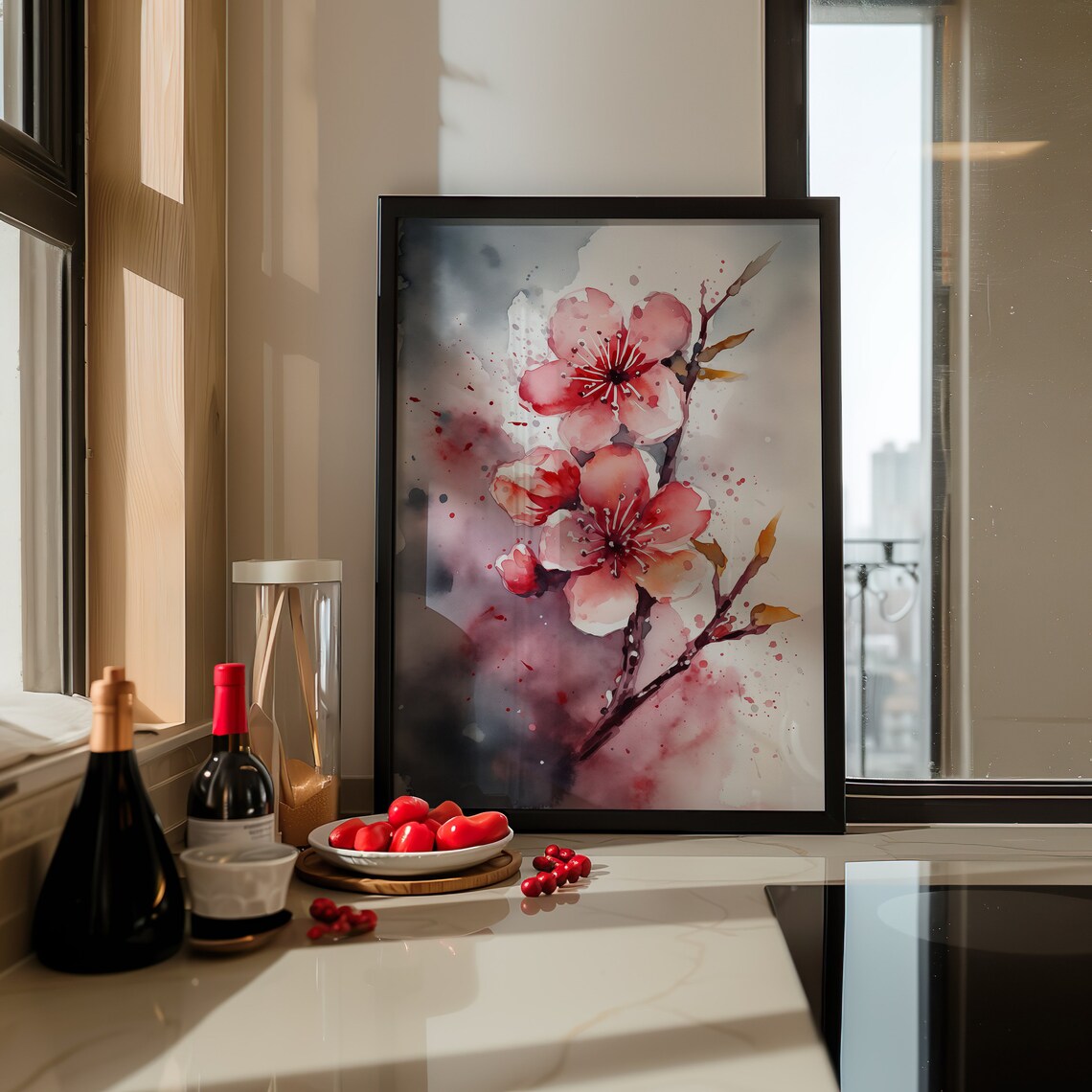 Coral Cherry Blossom Branch Watercolor Moody Dark Floral Poster - Image 4
