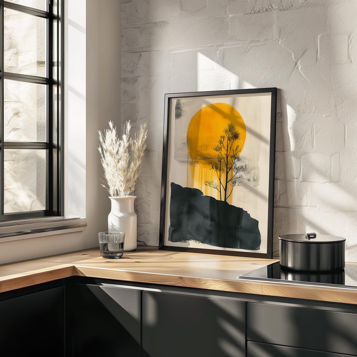Golden Sun Lone Tree Minimalist Watercolor Art Print with Black Rock - Image 2