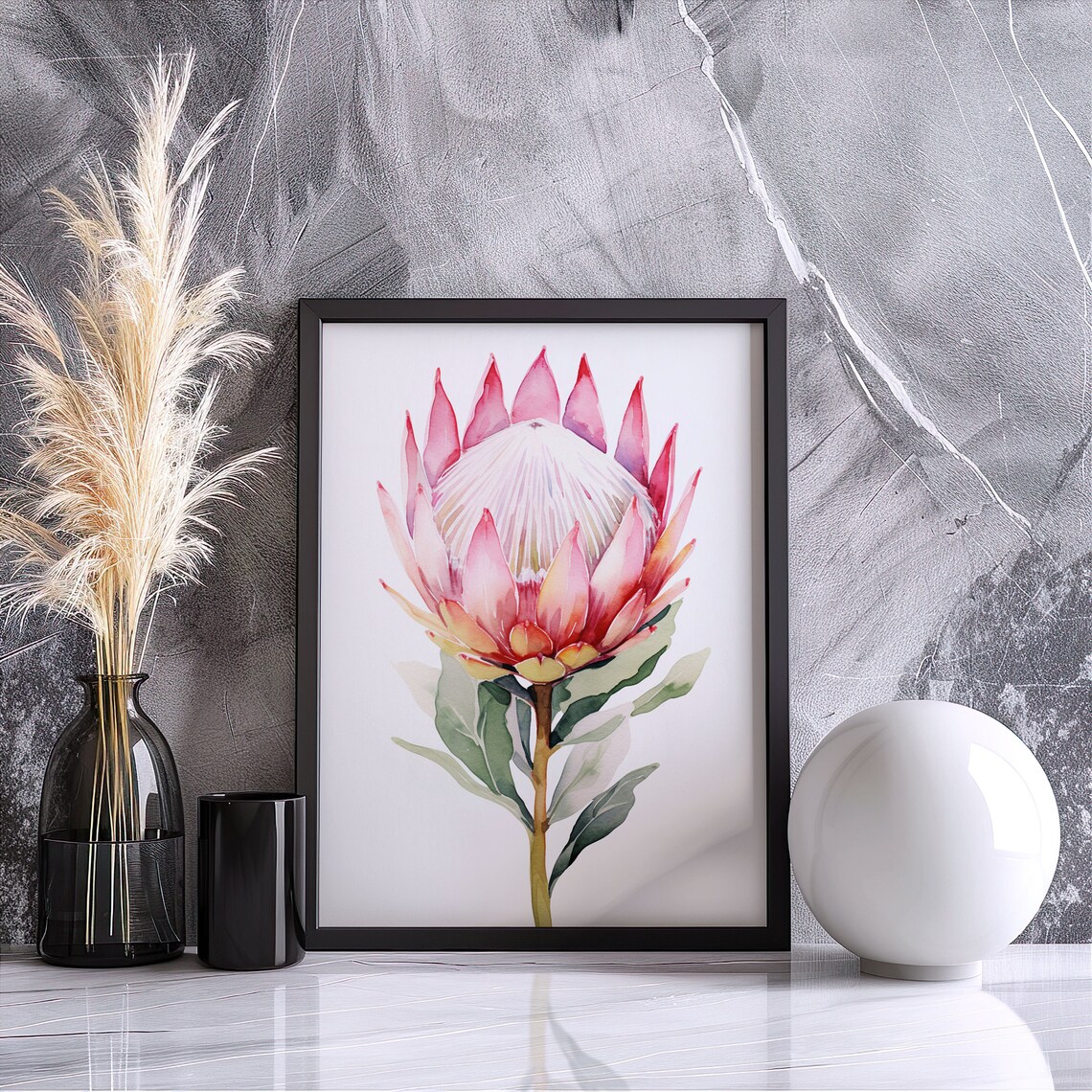 Pink King Protea Flower Watercolor Botanical Floral Art Poster - Image 3