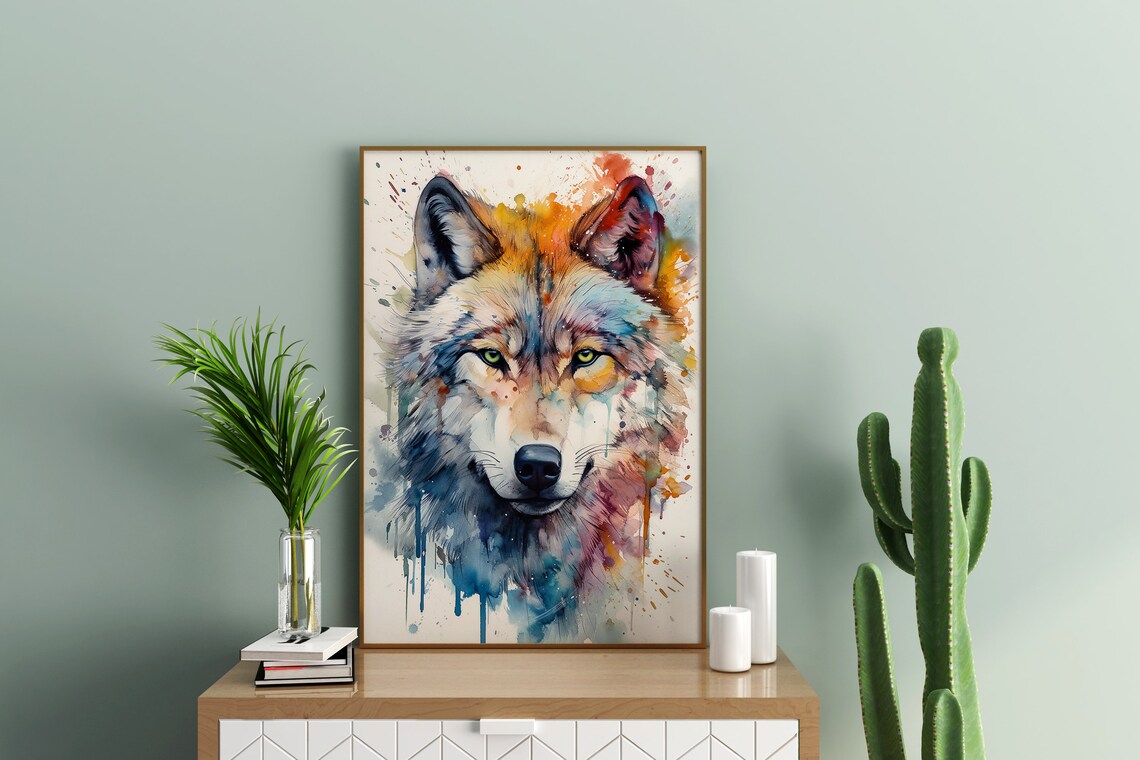 Gray Wolf Watercolor Portrait Wild Animal Forest Scene Poster - Image 3